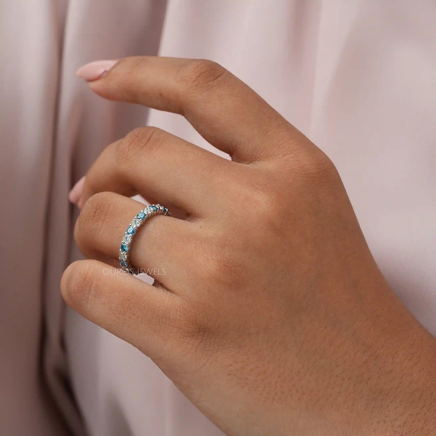 Blue Round Cut Eternity  Wedding  Band