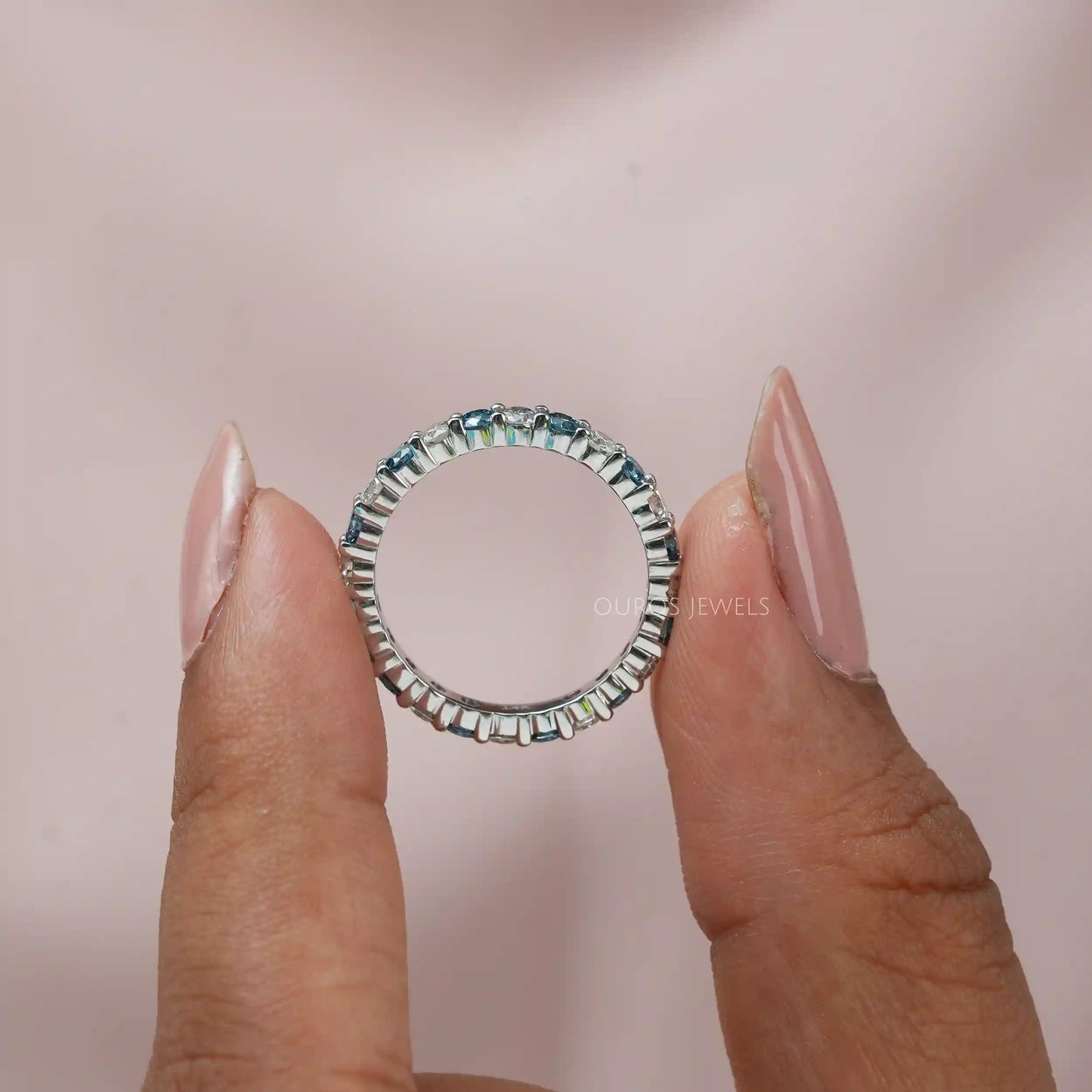 Blue Round Cut Eternity  Wedding  Band