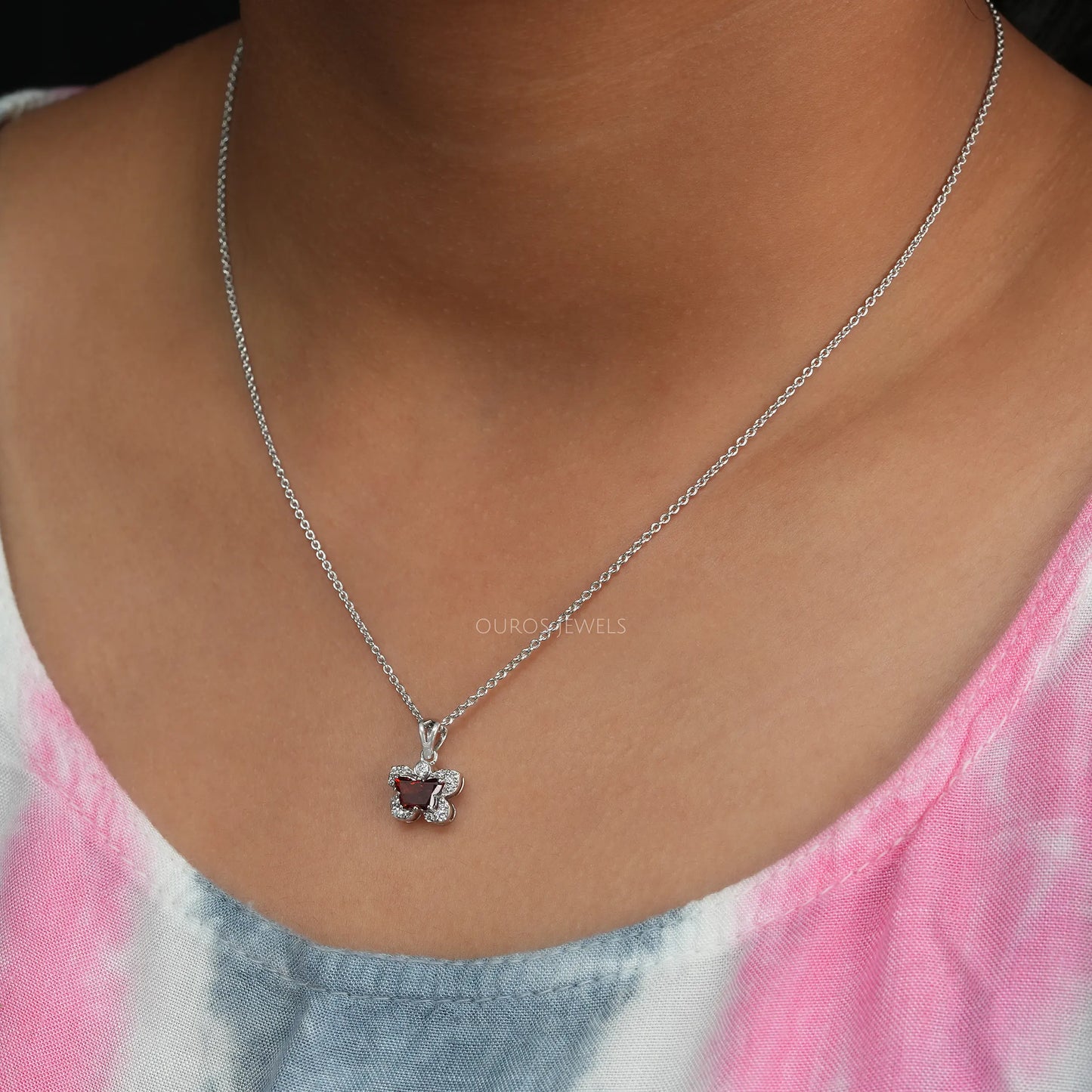 Red Butterfly Diamond Dainty Necklace
