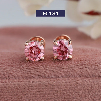 Fancy Pink Round Cut Stud Earrings