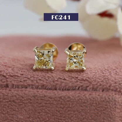 Yellow Princess Cut  Stud Earrings