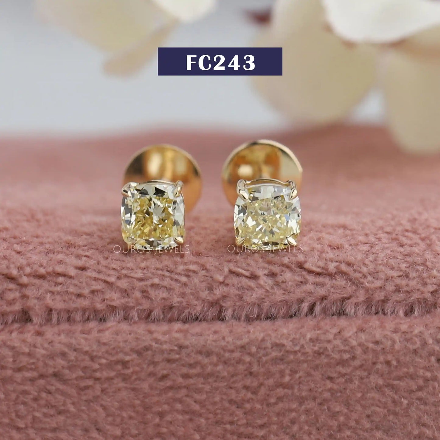 Yellow Cushion Cut   Lab Diamond Stud
