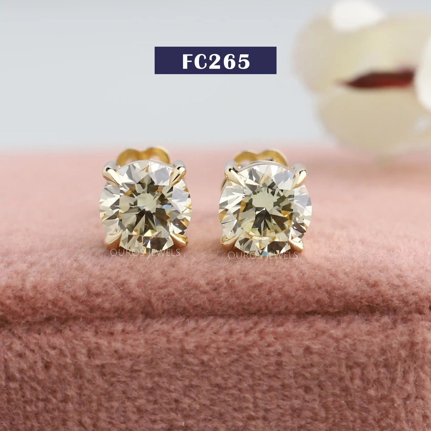 Yellow Round Cut Lab Diamond  Stud Earrings