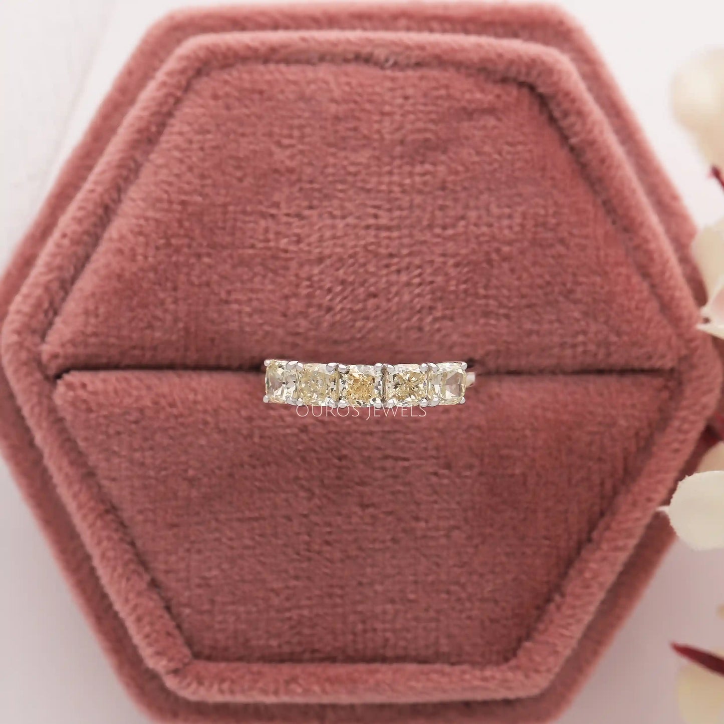 Five Stone Yellow Cushion Cut Diamond  Ring