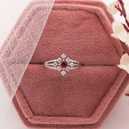Red Princess Cut Cluster Engagement Ring