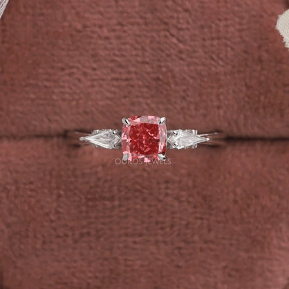 Pink Cushion Diamond Three Stone Ring