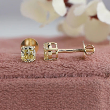 Yellow Cushion Cut   Lab Diamond Stud