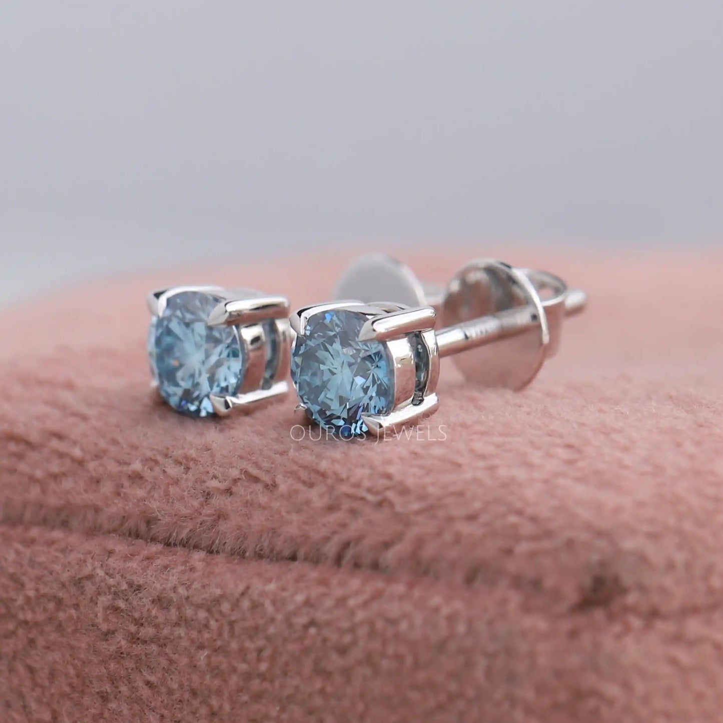 Blue Round Lab Diamond Stud Earrings