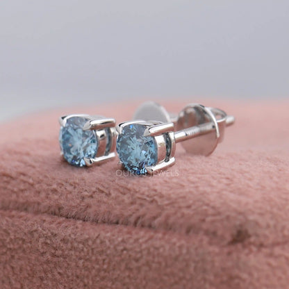 Blue Round Lab Diamond Stud Earrings