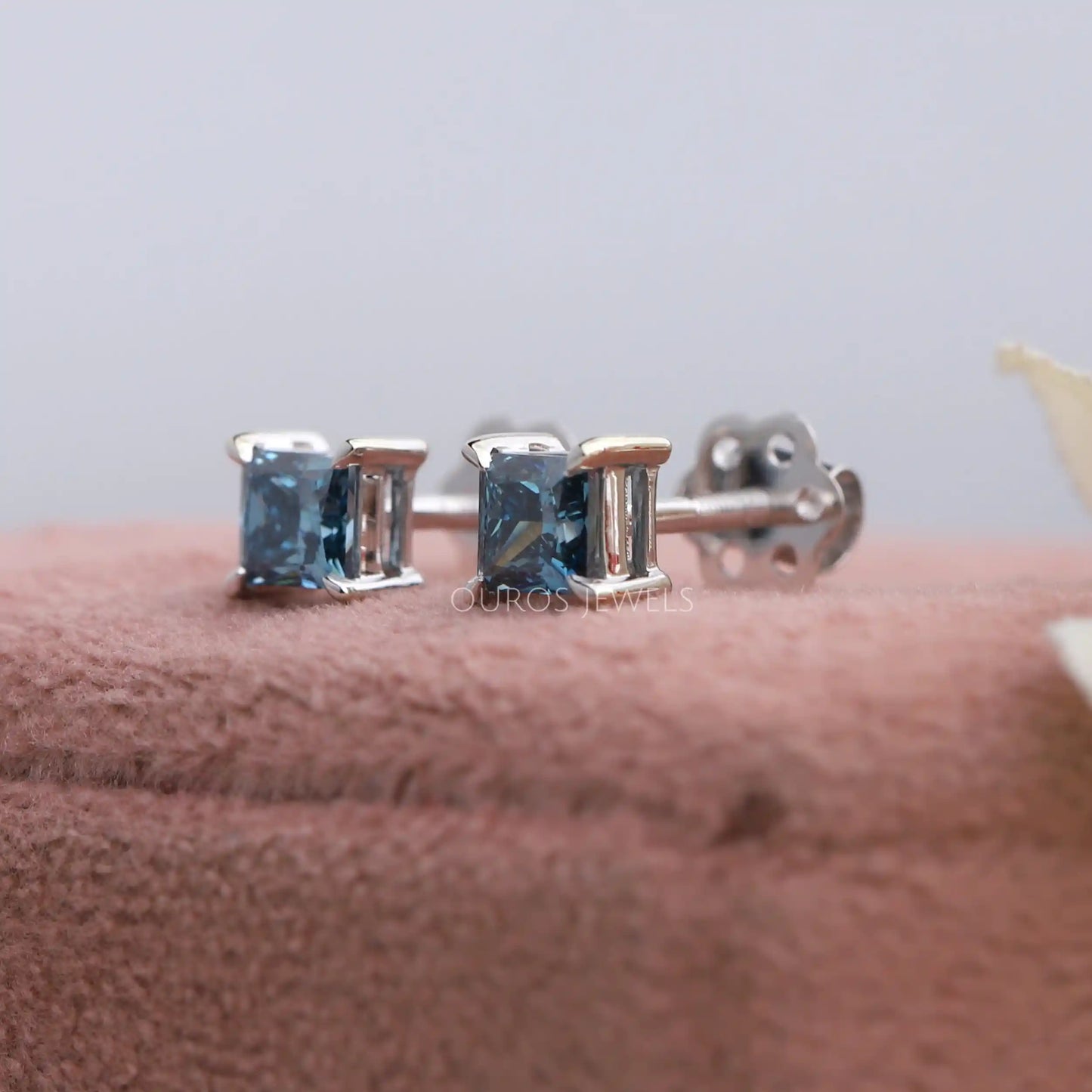 Blue Princess Cut Stud Earrings
