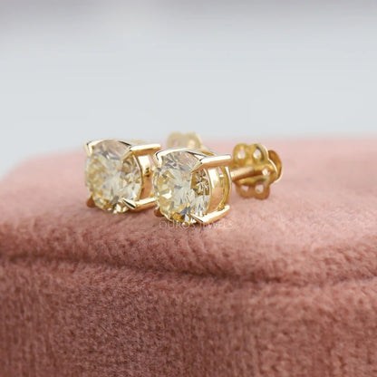 Yellow Round Cut Lab Diamond  Stud Earrings