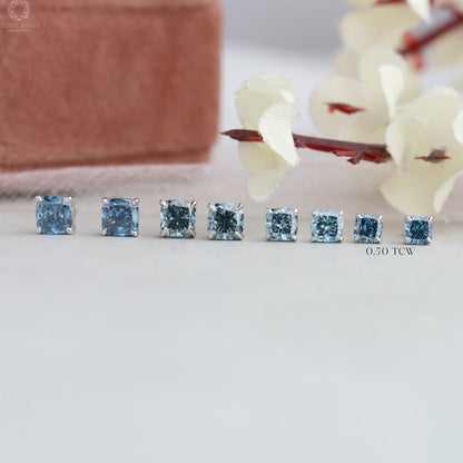 Blue Cushion Lab Diamond Stud Earrings