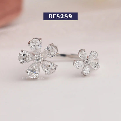 Pear Diamond Twin Flowers Open Ring